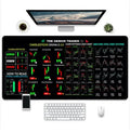Large rectangular gaming mouse pad with printed design on a desk, showing non-slip rubber base.