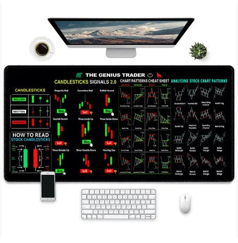Large rectangular gaming mouse pad with printed design on a desk, showing non-slip rubber base.