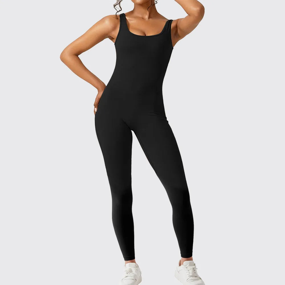 Women's sleeveless flare jumpsuit in high elasticity polyester fabric for yoga and fitness wear