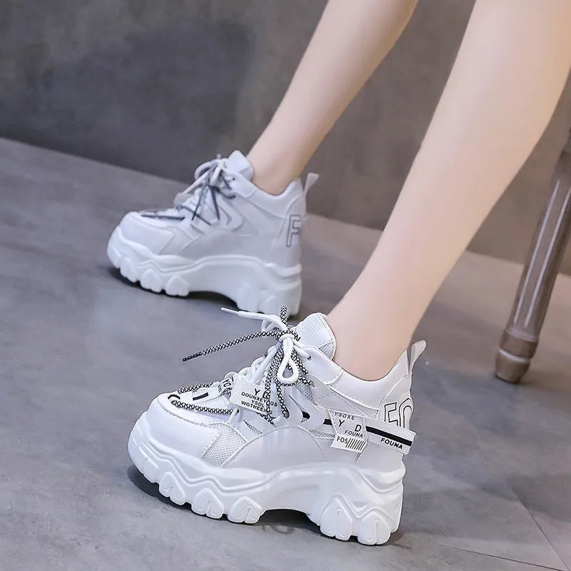 Women's white breathable mesh platform sports shoes with cross strap and round toe