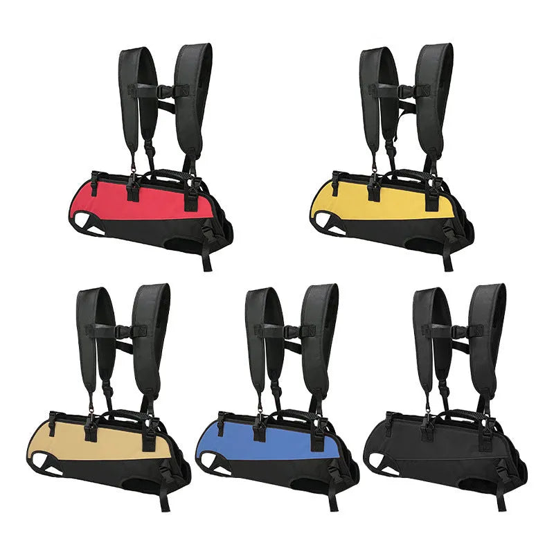 Soft Oxford cloth pet backpack and airborne stretcher carrier in black with blue trim
