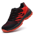 Red summer safety shoes with steel toe caps and breathable mesh uppers