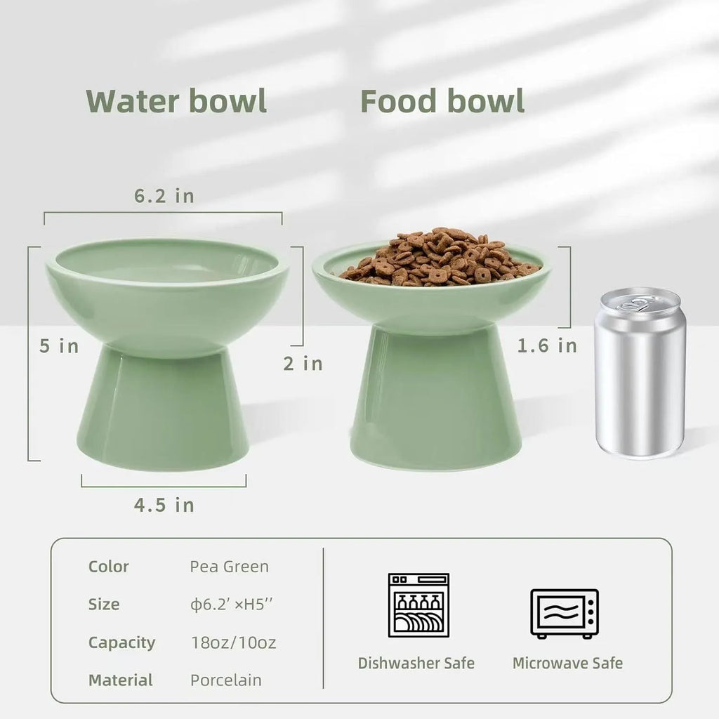 Blue ceramic elevated cat food bowl with wide shallow dish and raised base