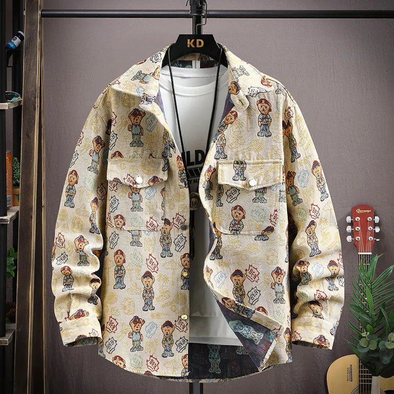 Casual lapel shirt coat in blue with long sleeves and straight hem, suitable for spring and autumn wear