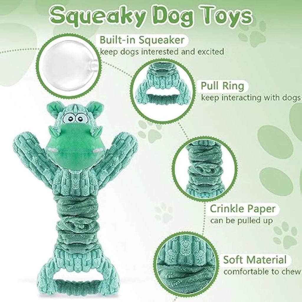 Large plush hippo or monkey dog toy with a handle, shown next to a tape measure indicating its 32 cm length.