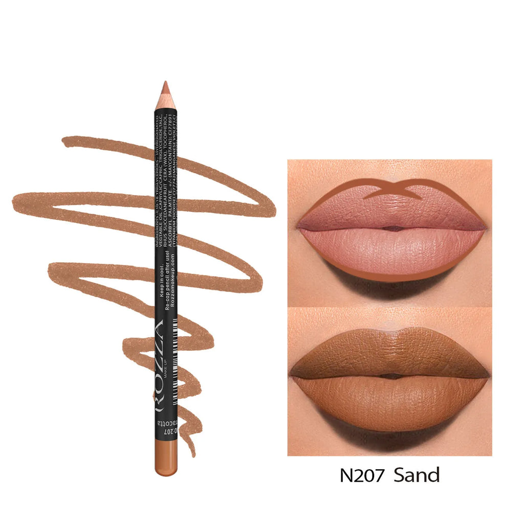 Wooden lip liner pencil showing matte finish with shade numbers 201-214 displayed