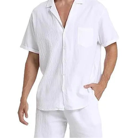 Men's flax short-sleeved top and shorts suit in army green on a grey background.
