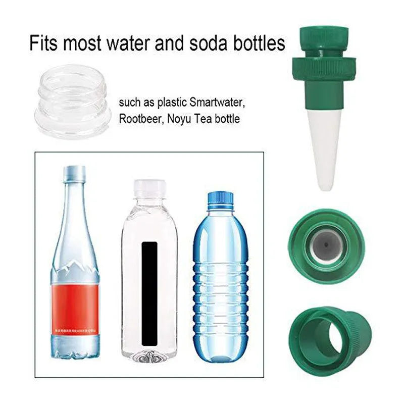 Green ceramic plant water dripper attached to cola bottle for automatic flower irrigation