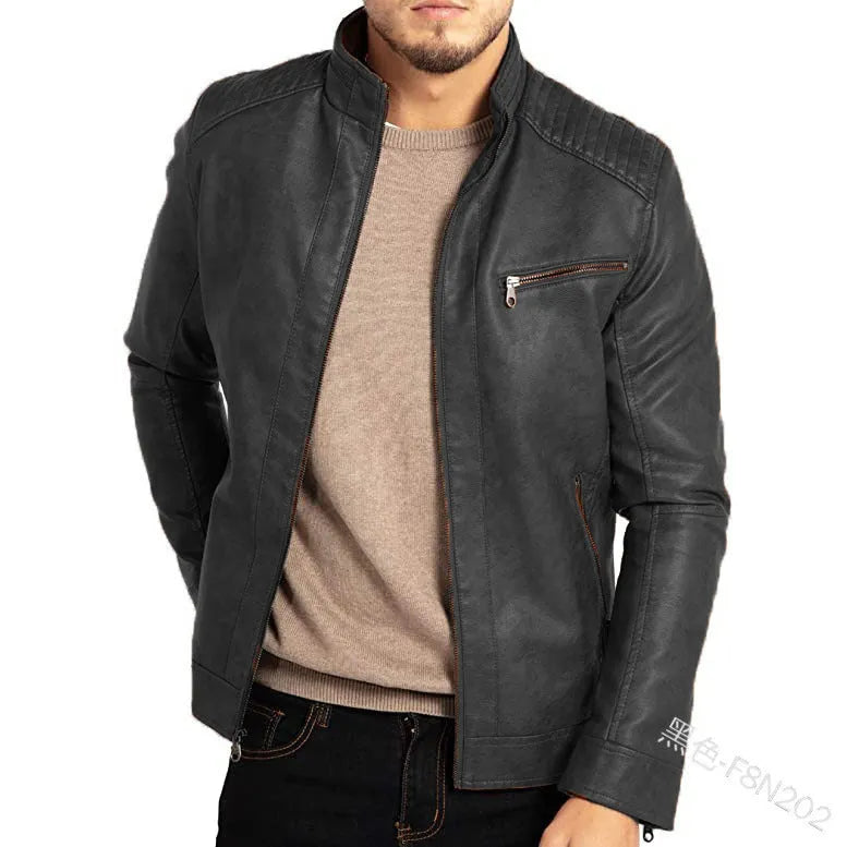 Men's brown artificial leather punk motorcycle jacket with a stand collar on a hanger.