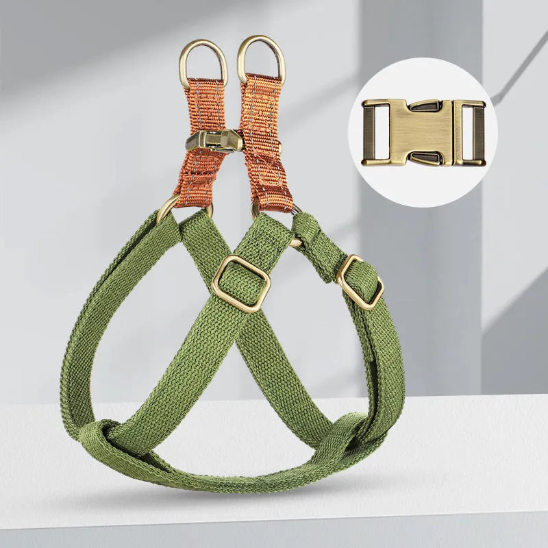 Brown vest-style dog leash with alloy fastener shown on a model dog.