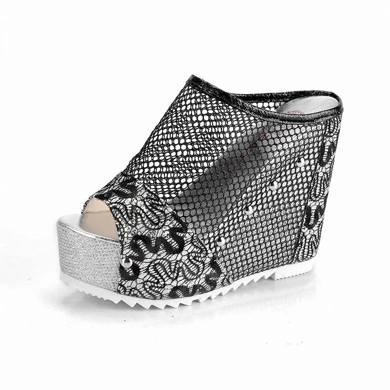 Korean chunky heel platform flip-flops with hollowed-out design and mesh upper in black, silver, and gold colours.