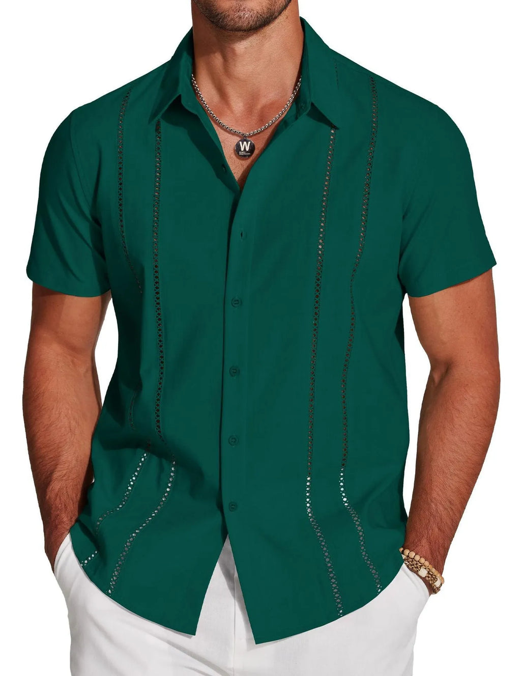 Men's slim fit Hawaiian short sleeve shirt in digital printed polyester available in multiple colours