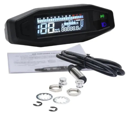 Black mini motorcycle LCD speedometer and oil gauge showing digital display on a 141mm by 45mm unit.