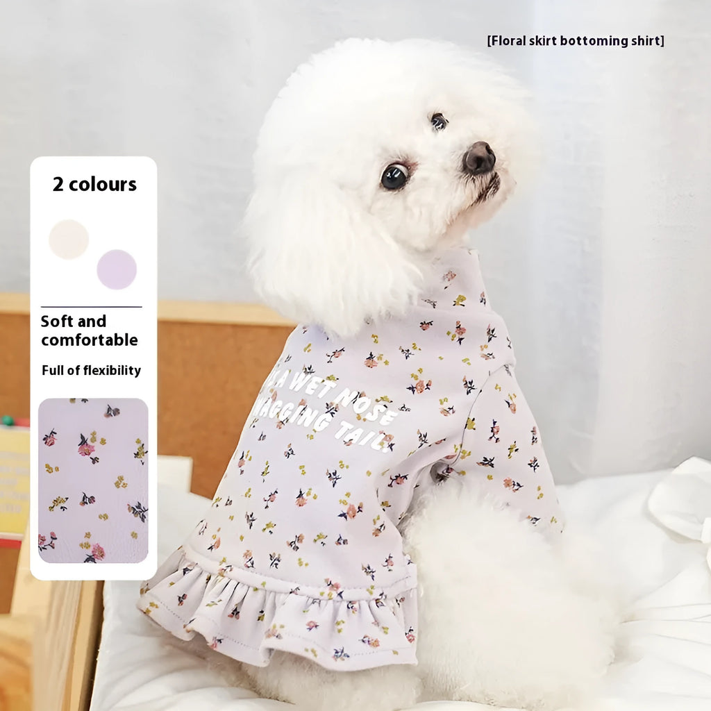Light purple and apricot pet undershirt with thick polyester outer and floral inner skirt for small dogs