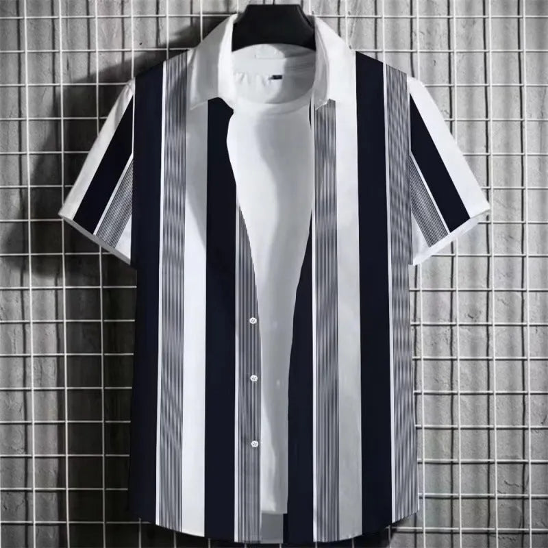 Men's striped linen short sleeve shirt with 3D printing in multiple colours and sizes