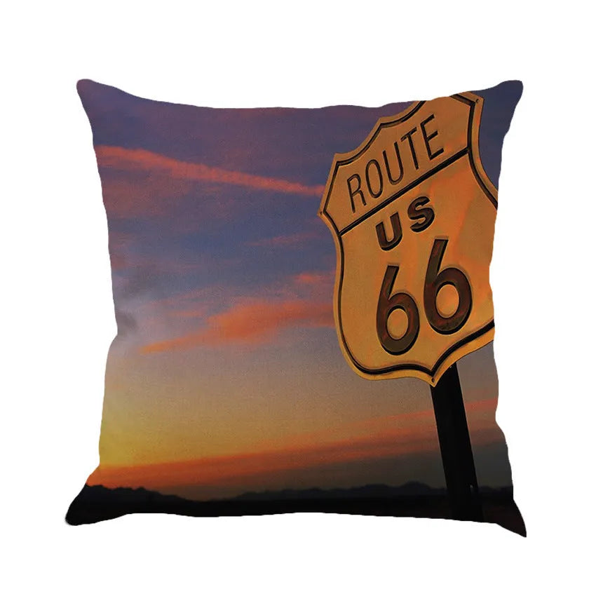 Route 66 themed linen cushion cover with landscape print measuring 45cm square