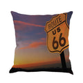 Route 66 themed linen cushion cover with landscape print measuring 45cm square