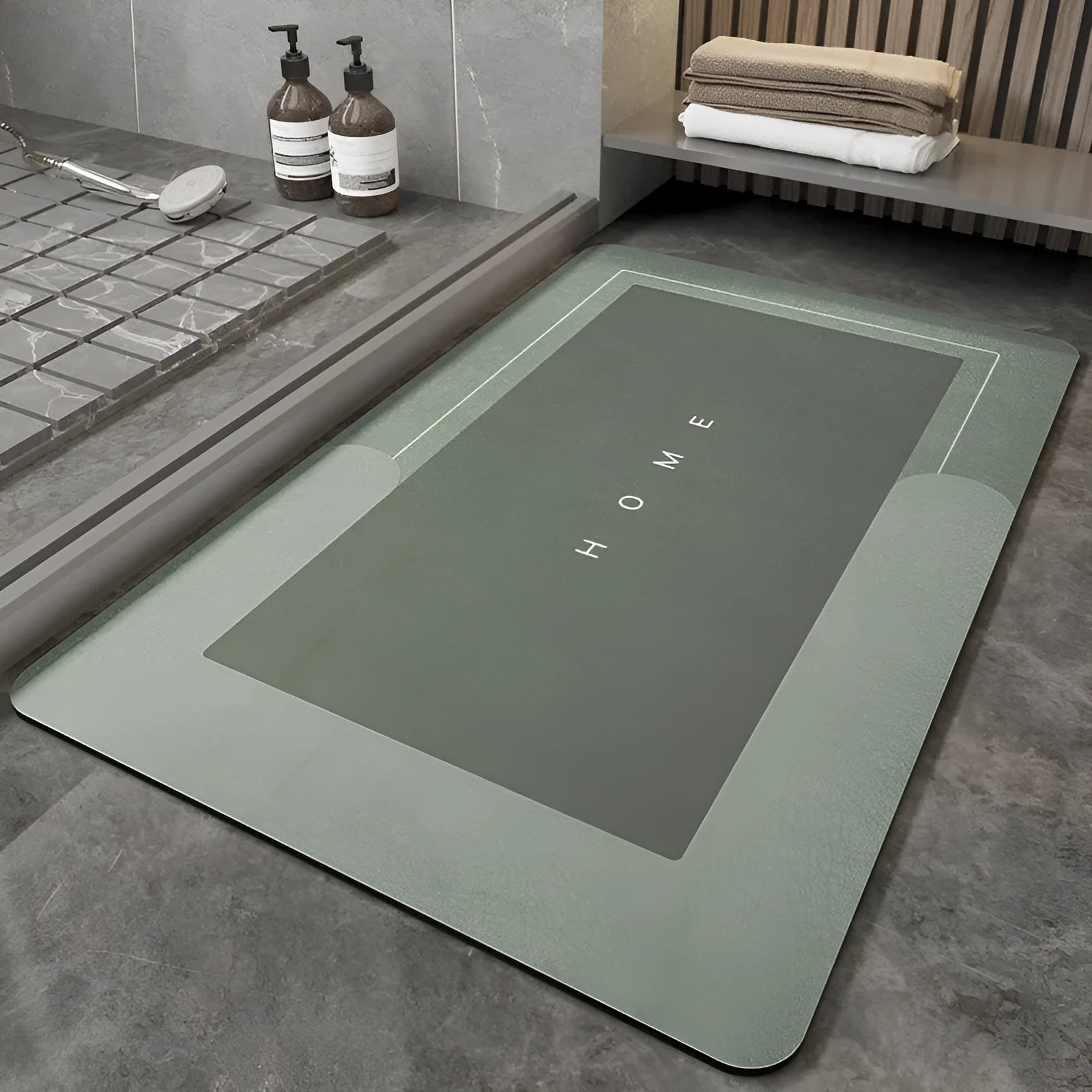 Blended material floor mat in blue colour with oval shape on bathroom floor