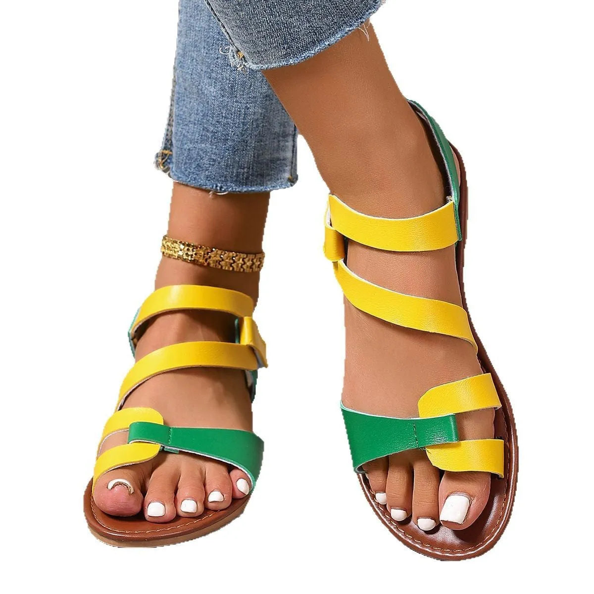 Women's flat sandals with Velcro strap on round-toe PU upper and rubber sole