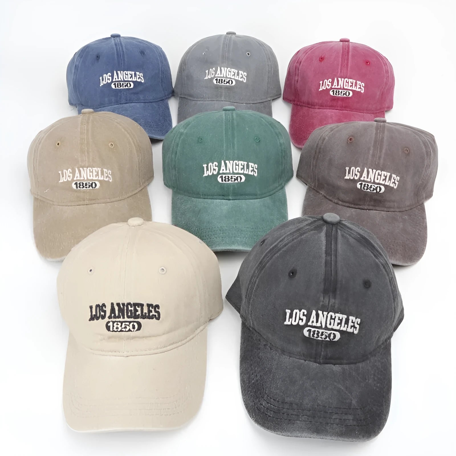 Retro distressed peaked cap with embroidered letters and adjustable strap in multiple colour options