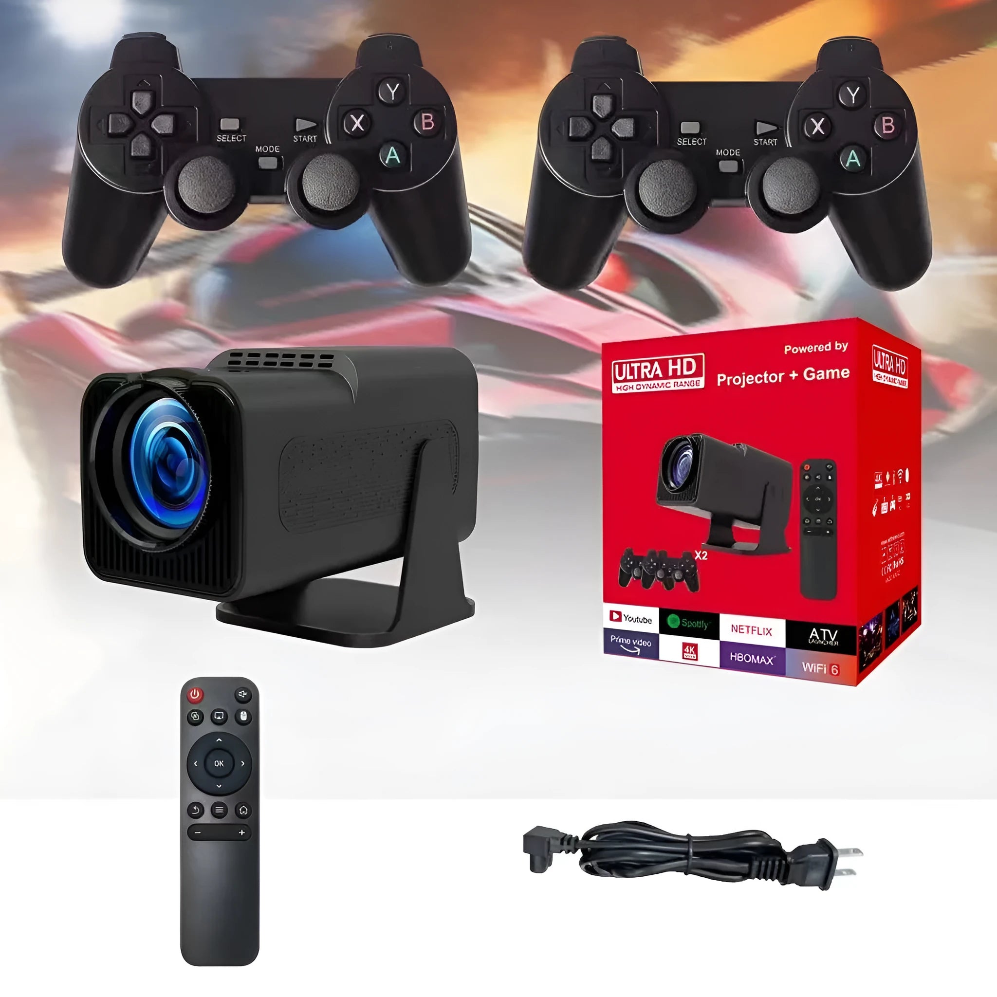 White home projector with carrying handle on a table, set up for wireless gaming projection.