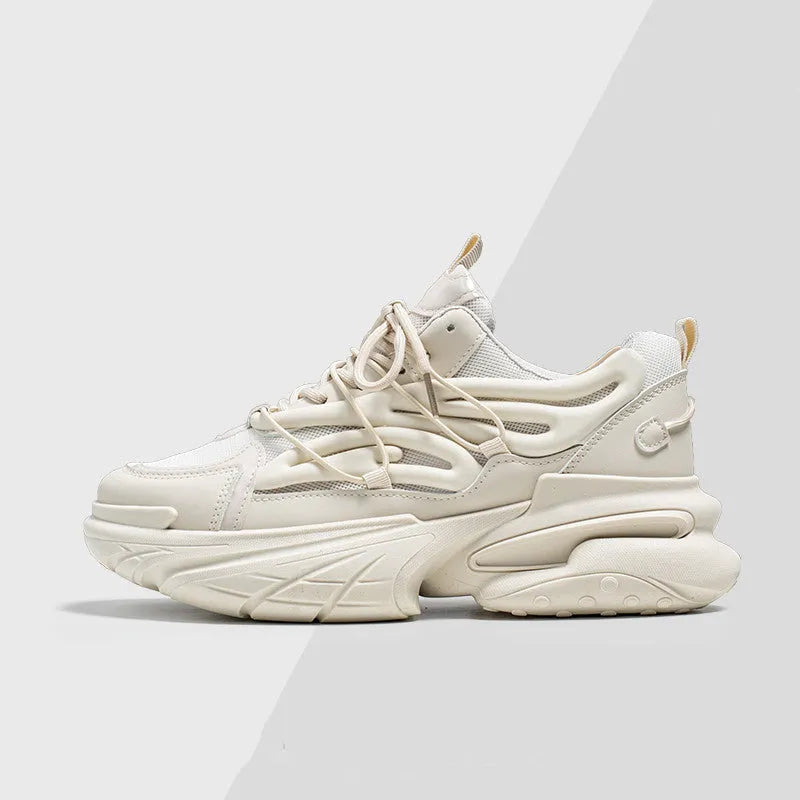 Men's low-top sneaker in beige with mesh PU leather upper, lace-up front, and a platform rubber sole.