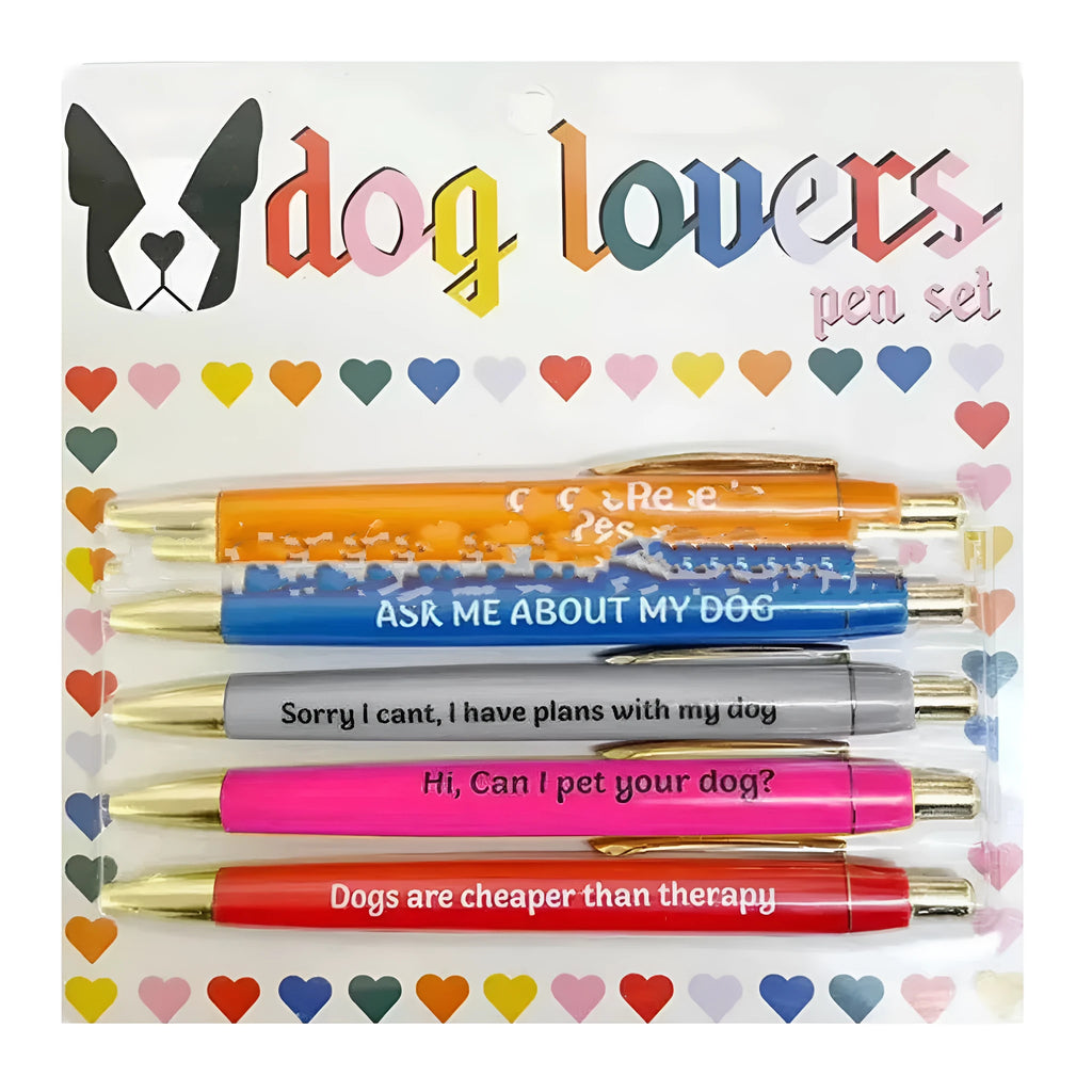 Five automatic push-action pens with animal designs and beaded storage bag