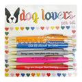 Five automatic push-action pens with animal designs and beaded storage bag