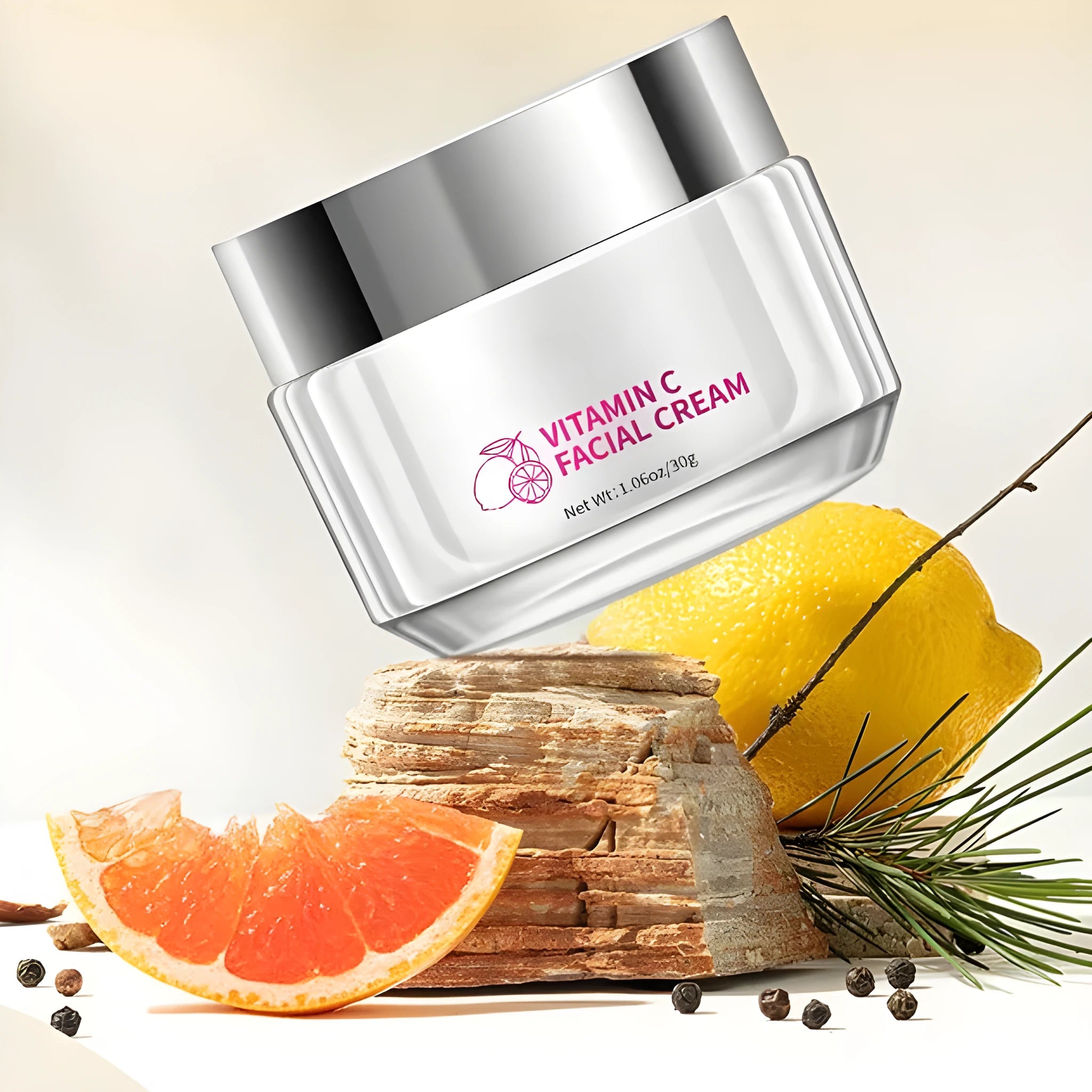 Vitamin C face cream in 6cm square jar with 30g content for facial skincare