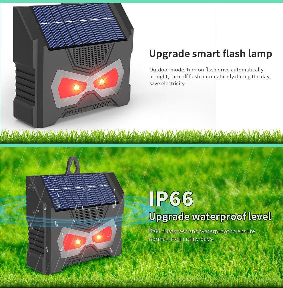 Black solar-powered ultrasonic animal repeller for outdoor gardens with adjustable frequency