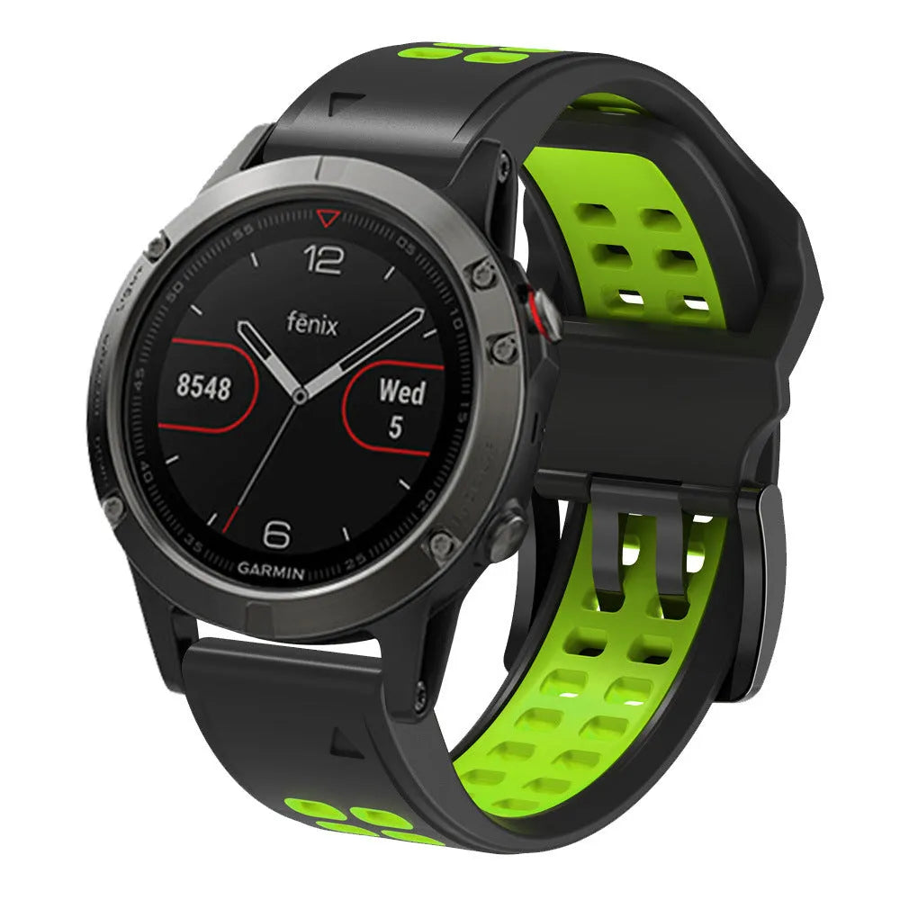 Quick release two-tone silicone watch strap in black and orange with pin buckle.