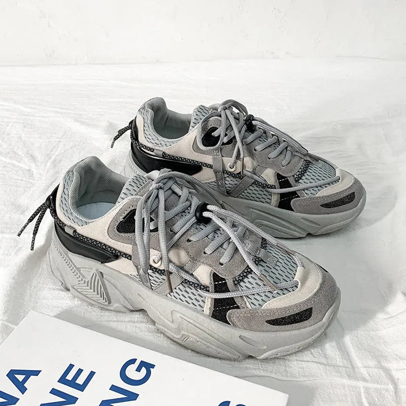 Men's Korean style platform dad shoes in white with mesh lining and lace-up front