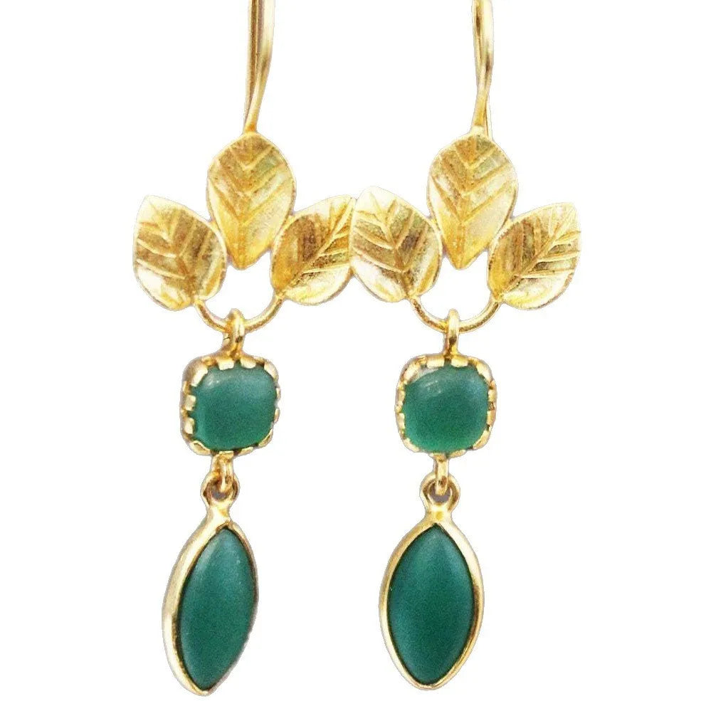 Gold drop earrings with French leaves tassel details and water droplet shape on copper alloy