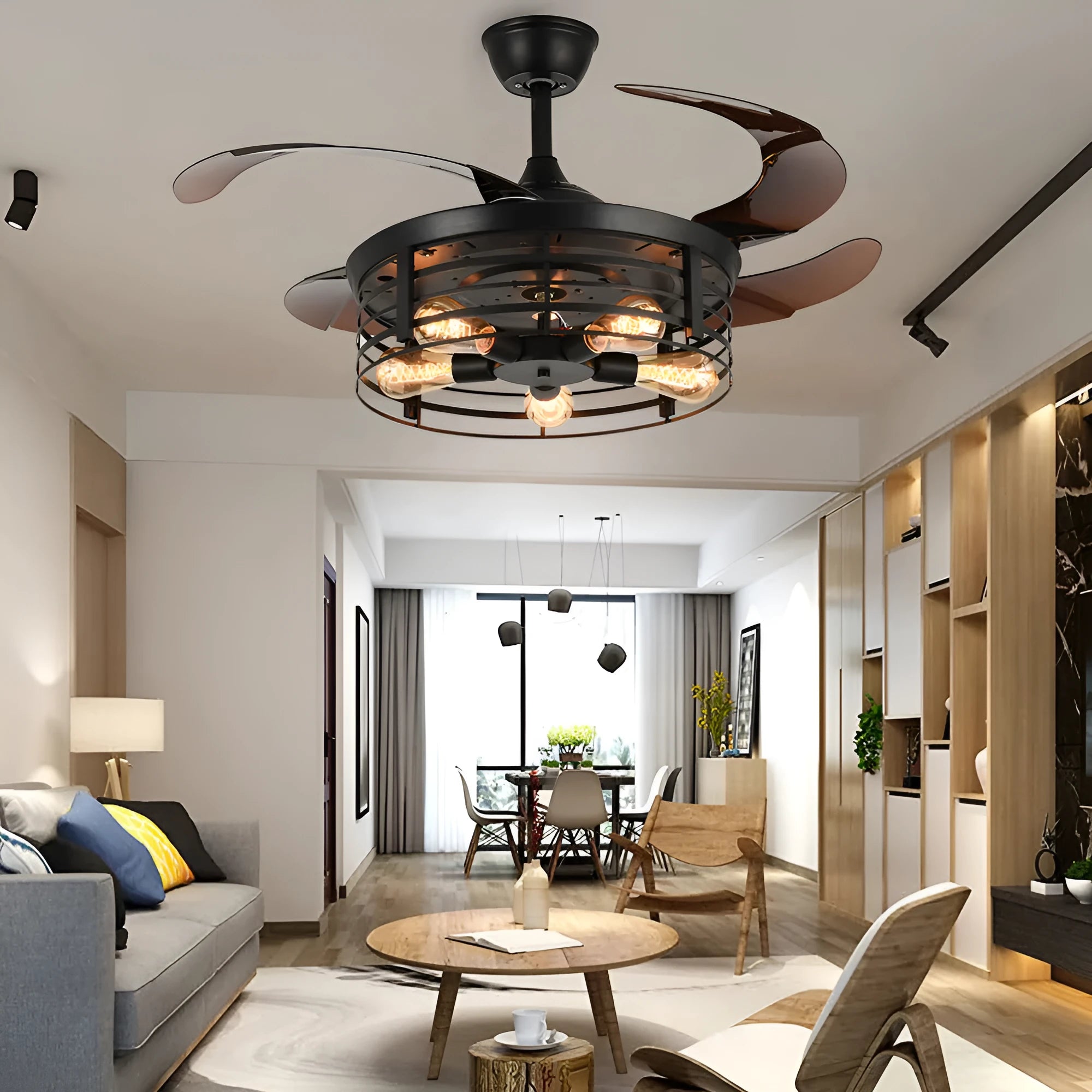 Industrial ceiling fan lamp with integrated lighting and acrylic blades in American retro style