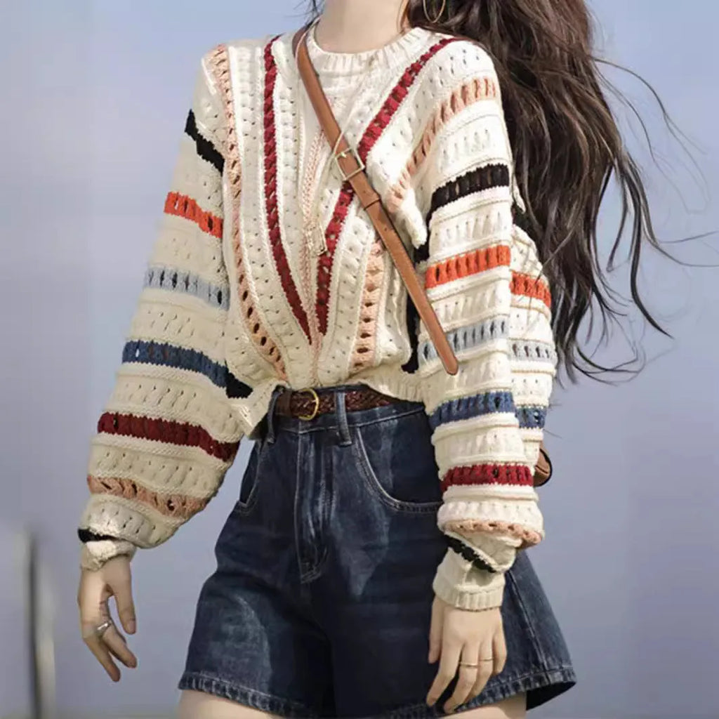 Rainbow striped loose fit sweater with batwing sleeves and round neck