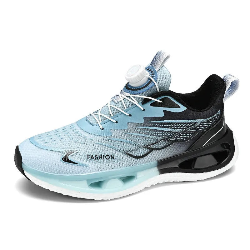 Low-top men's sneaker with rotating button, mesh upper, and solid rubber sole in light blue.