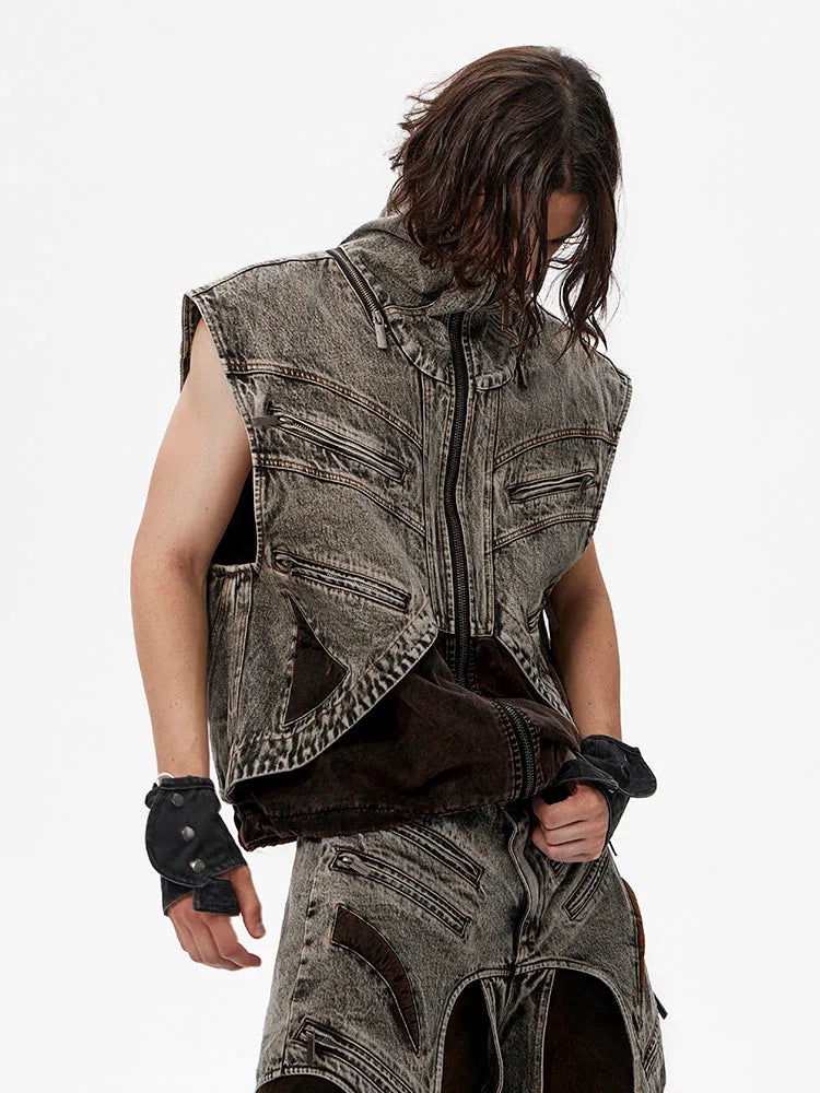 Men's sleeveless denim vest jacket with a front zipper closure.
