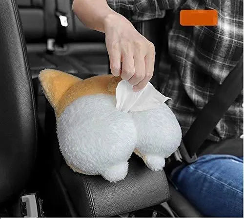 Soft yellow Corgi butt shaped tissue box cover with elastic strap for car sun visor