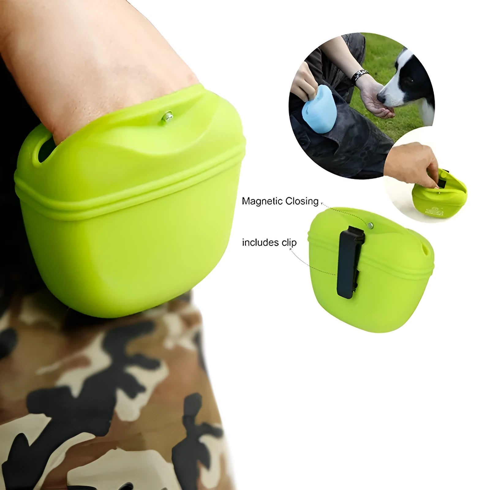 A silicone dog training treat bag with a belt clip, shown in one of six colour options.