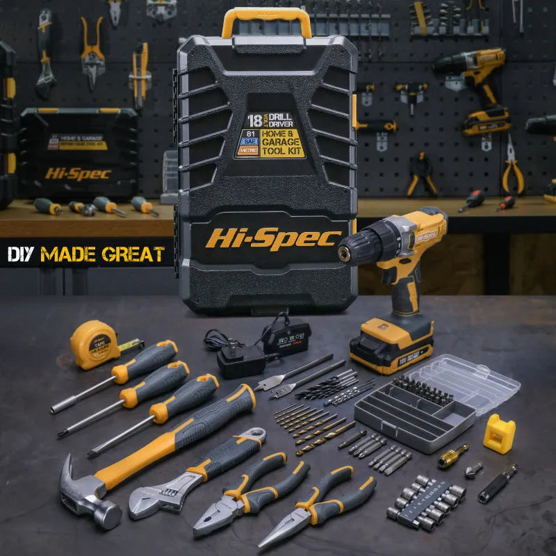 Grey-yellow 82-piece chrome-vanadium steel tool combo set for furniture installation in a case