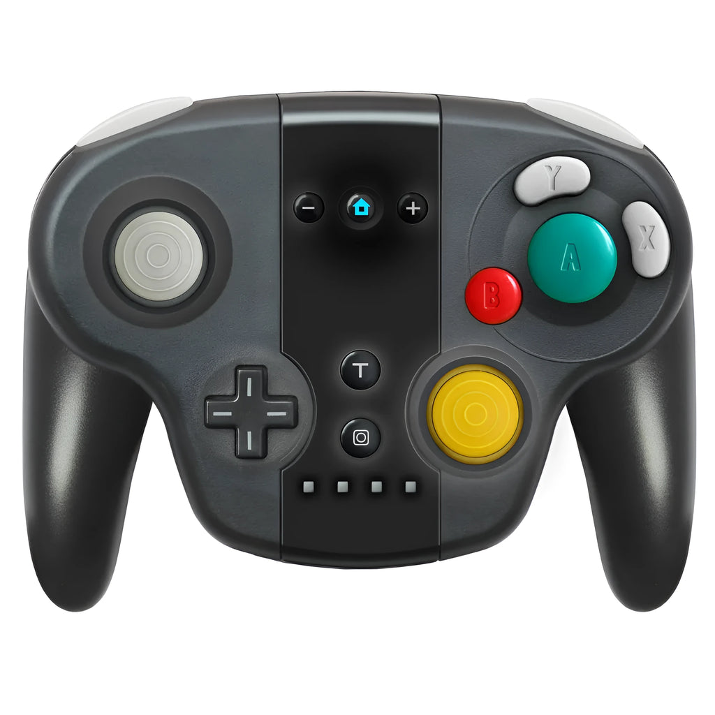 Black wireless gamepad for Nintendo Switch and PC with NFC reader near thumbsticks.