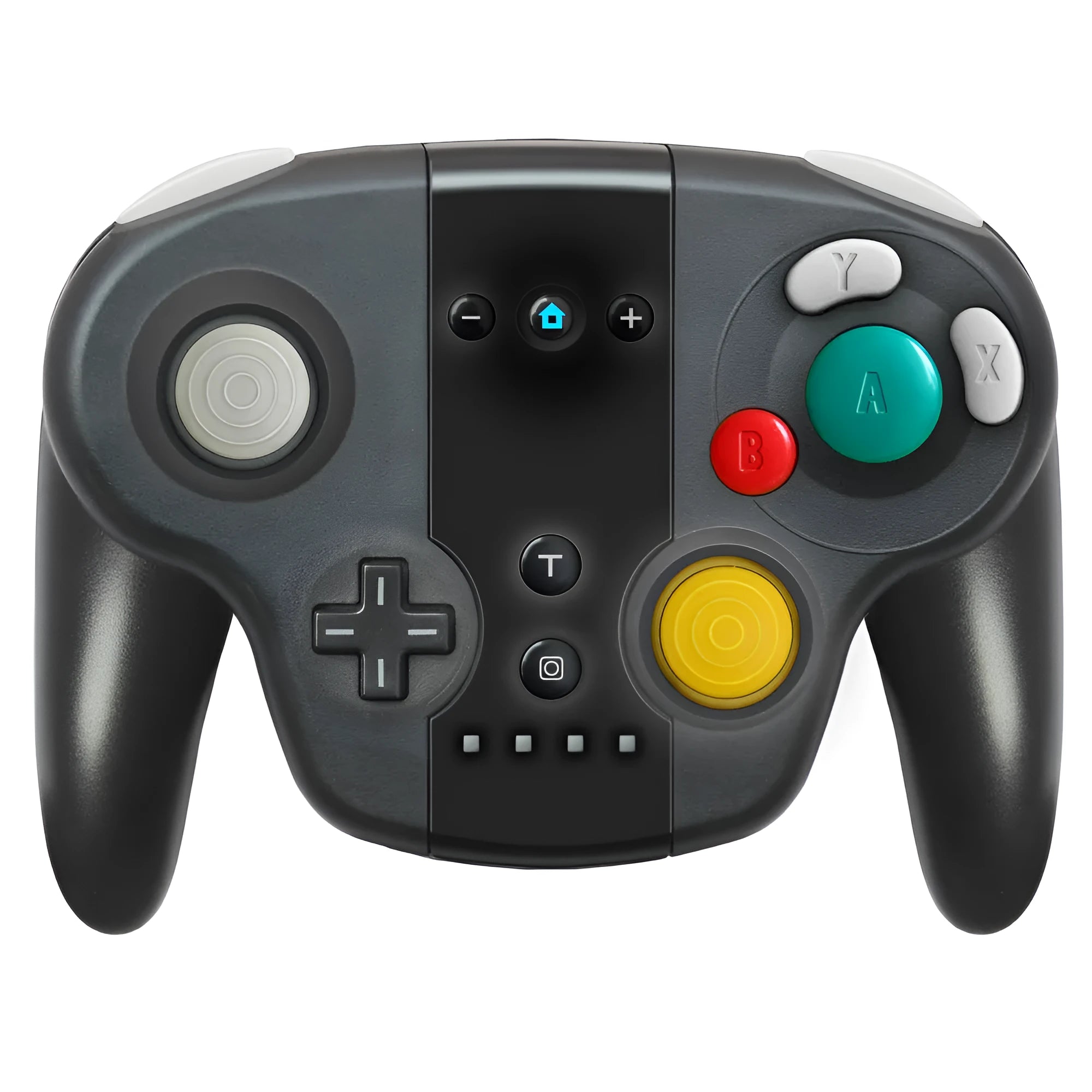 Black wireless gamepad for Nintendo Switch and PC with NFC reader near thumbsticks.