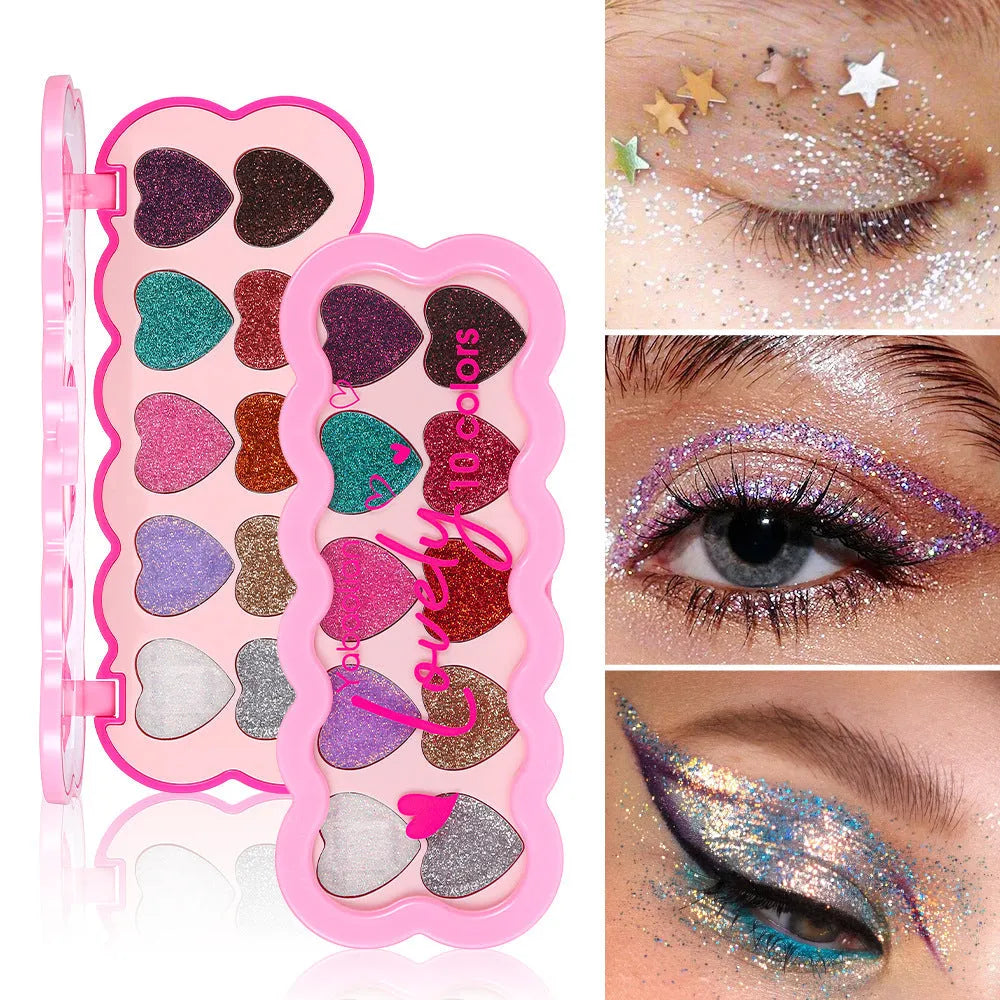 Pearlescent heart shaped ten colour eye shadow palette with sequin finishes for multiple makeup styles