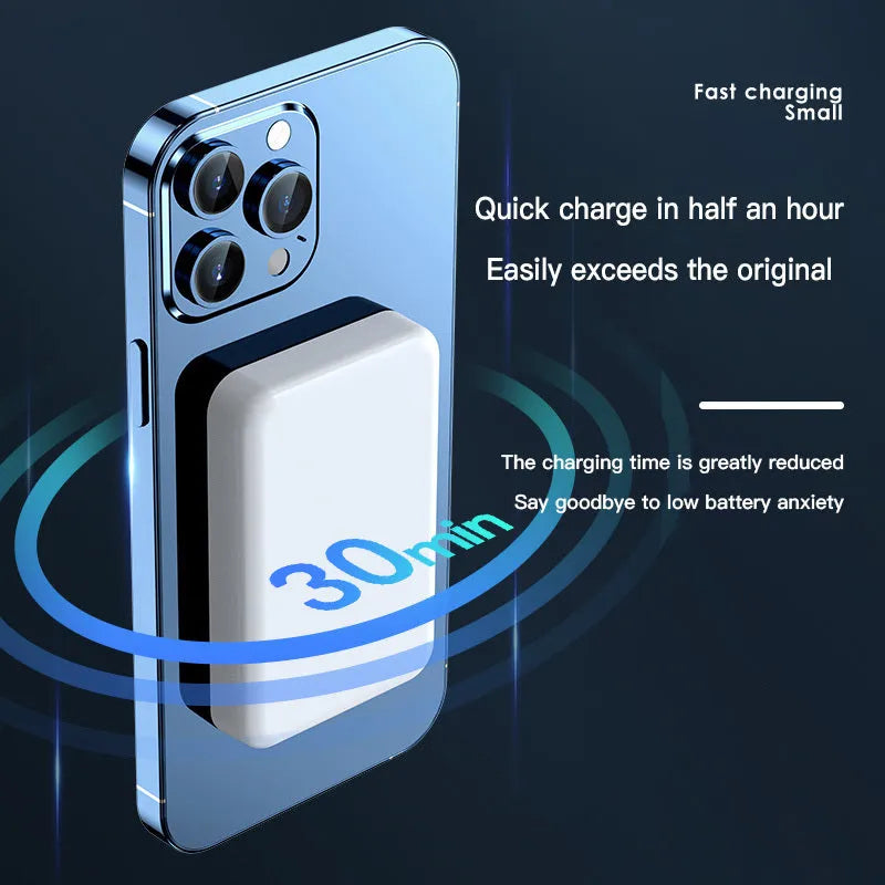 Pink purple white magnetic wireless power bank showing 20000mAh capacity and 20W output