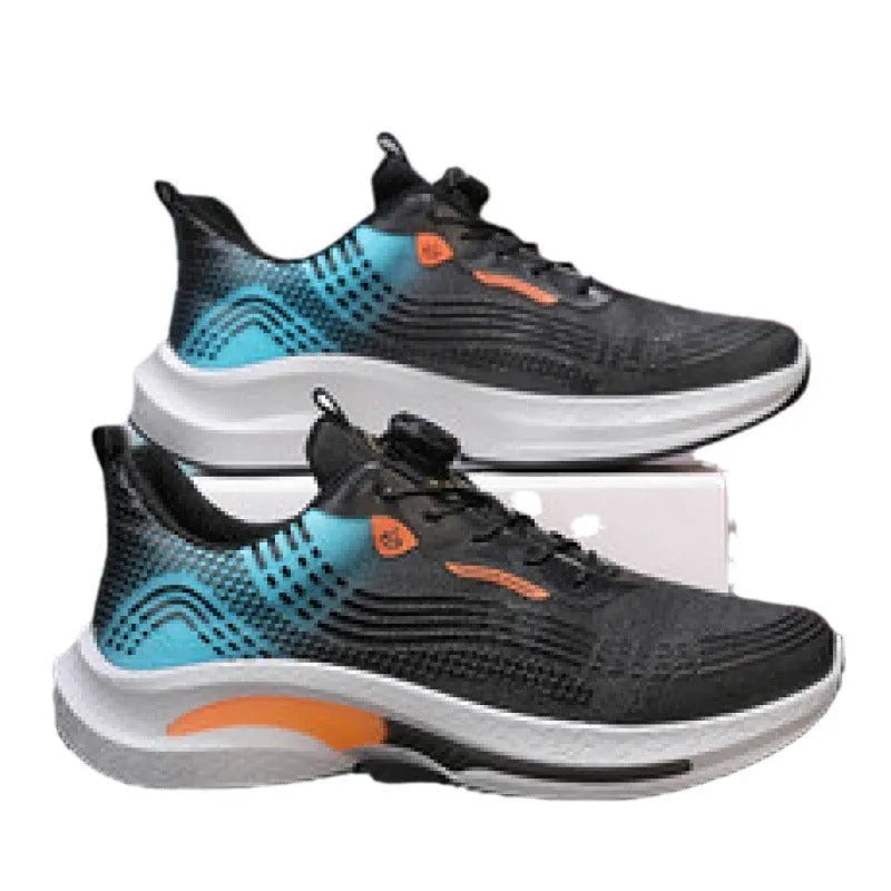 Men's low-top mesh sneakers with a rotating buckle, shown in black and blue colourway.