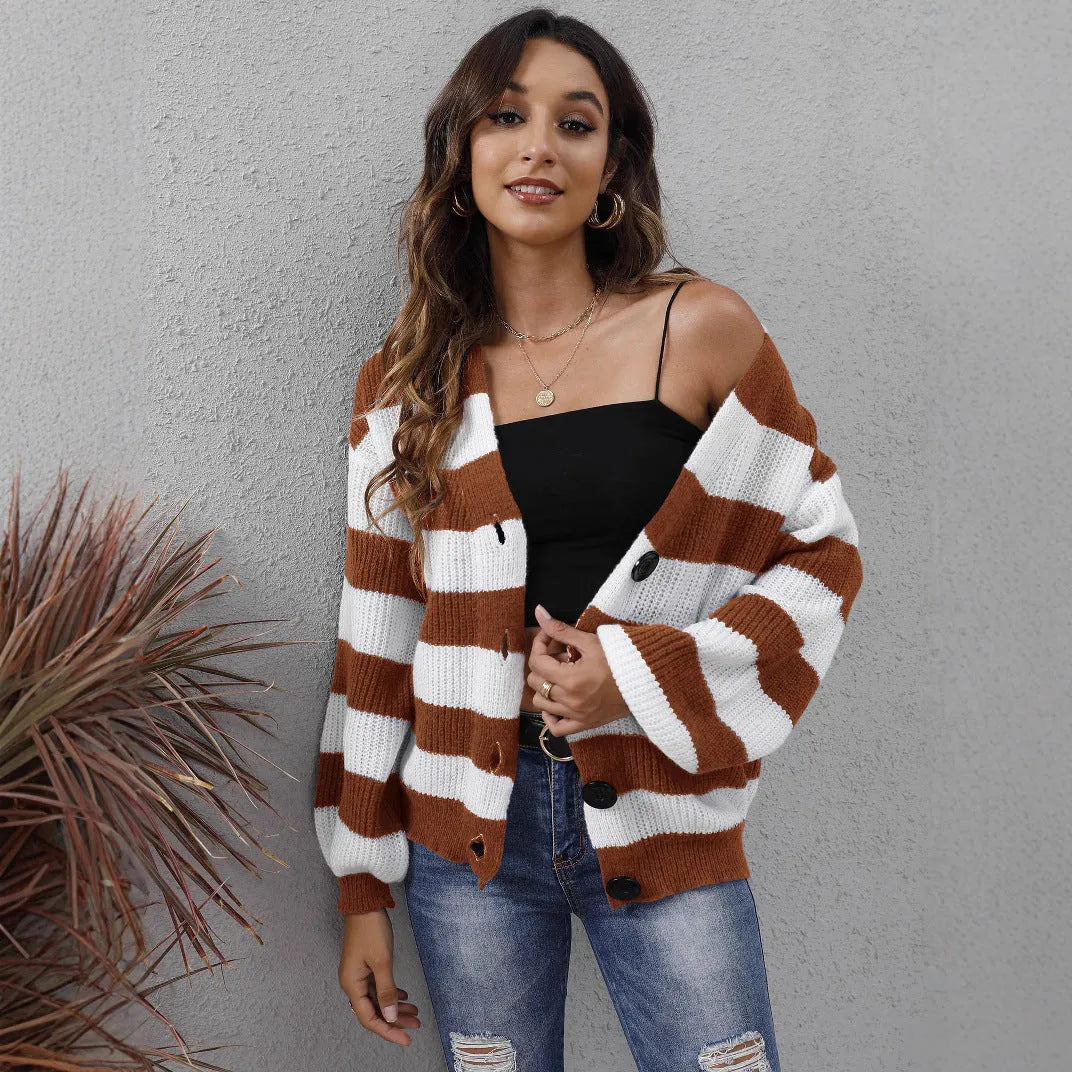 Women's striped cardigan with button front in deer plush fabric, shown in available colours