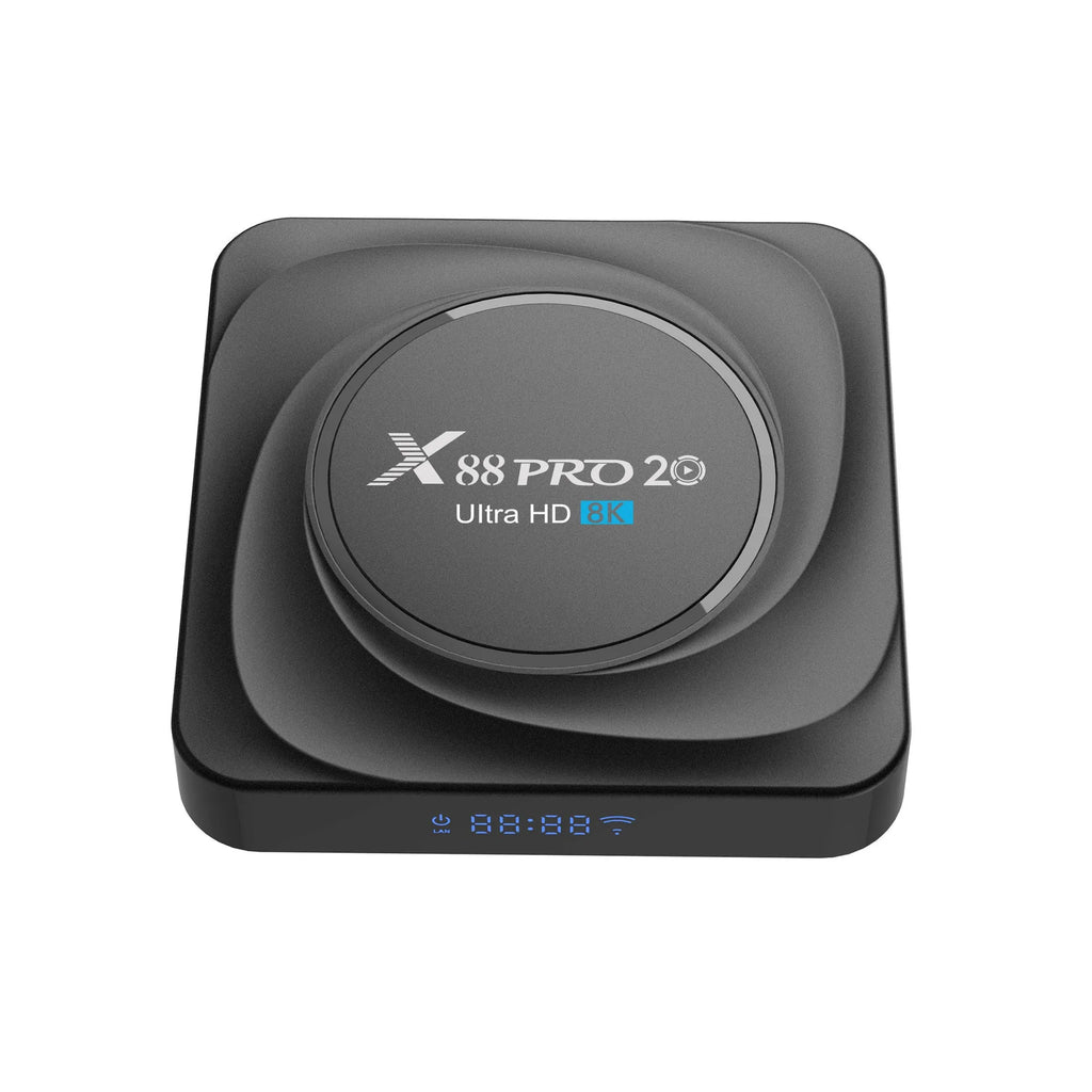 Android TV set-top box with remote control and HDMI cable on a colour box packaging.