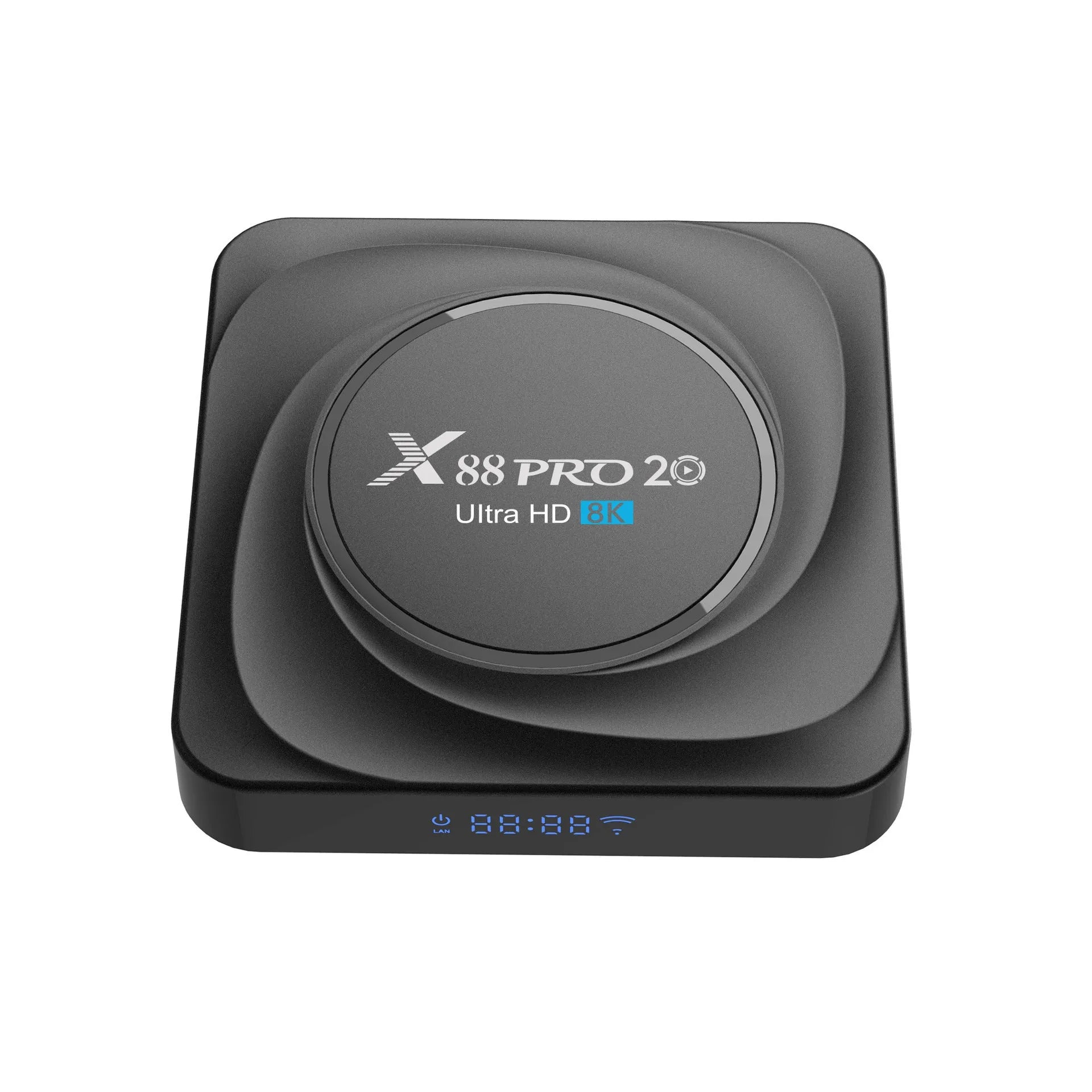 Android TV set-top box with remote control and HDMI cable on a colour box packaging.
