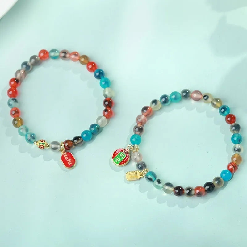 Natural colourful sugar heart agate women's bracelet with copper coin detailing in fu character design
