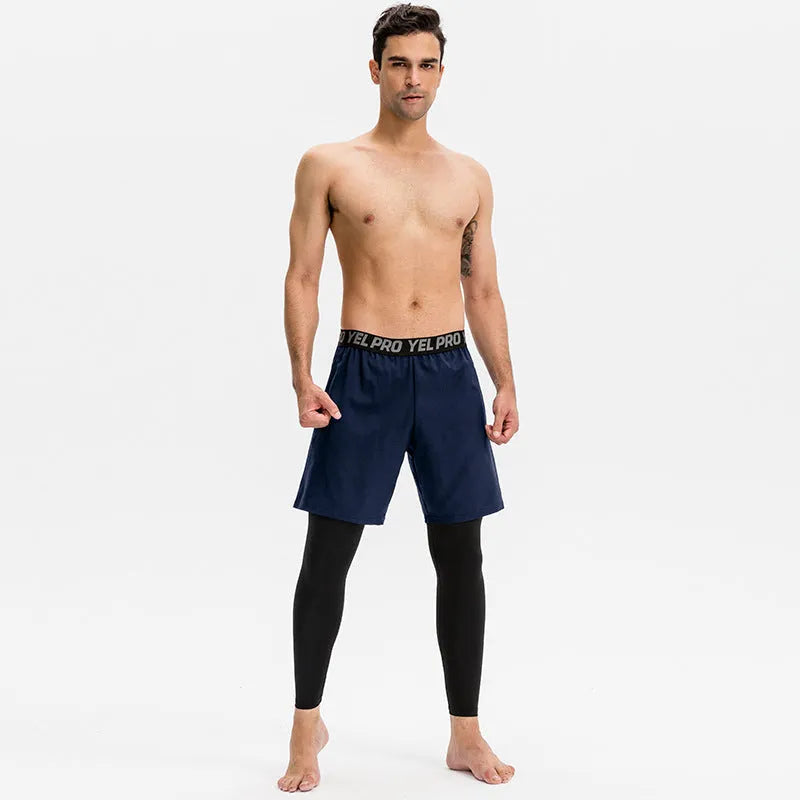 Man wearing grey high elastic tight sports pants for fitness exercise.